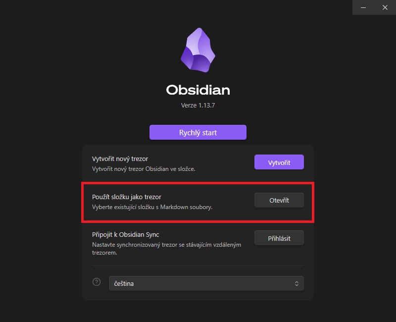 Úvodní okno Obsidianu: Použít složku jako trezor a vedle tlačítko Otevřít